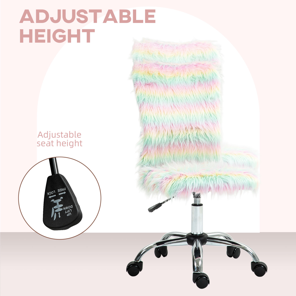 HOMCOM Fluffy Makeup Vanity Chair with No Arm, Swivel Wheels, Unicorn Tone