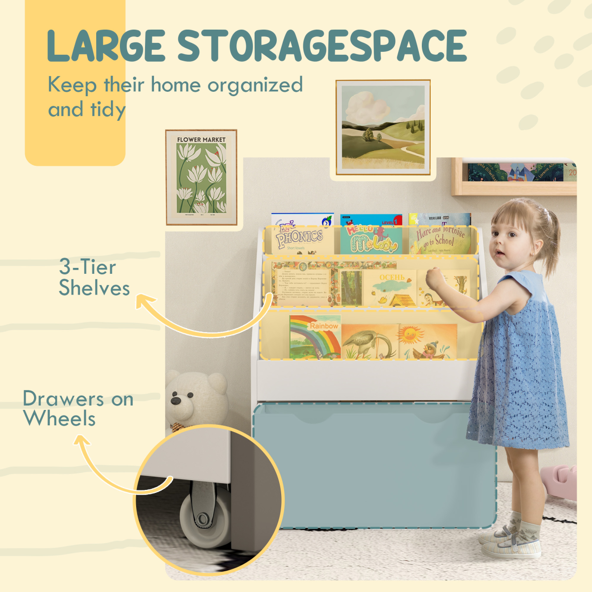 AIYAPLAY Kids Bookcase w/ 3 Tier Shelves, Drawer, for Bedroom, Nursery, White