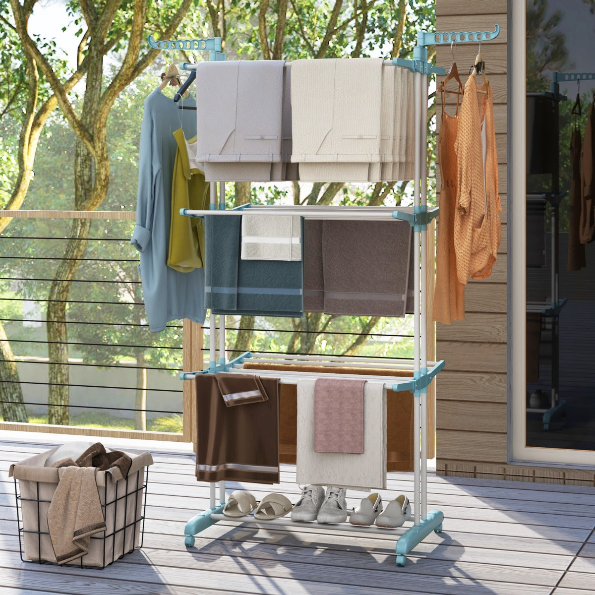 4-Tier Foldable Airer Clothes Drying Rack with Wings and Casters-Blue