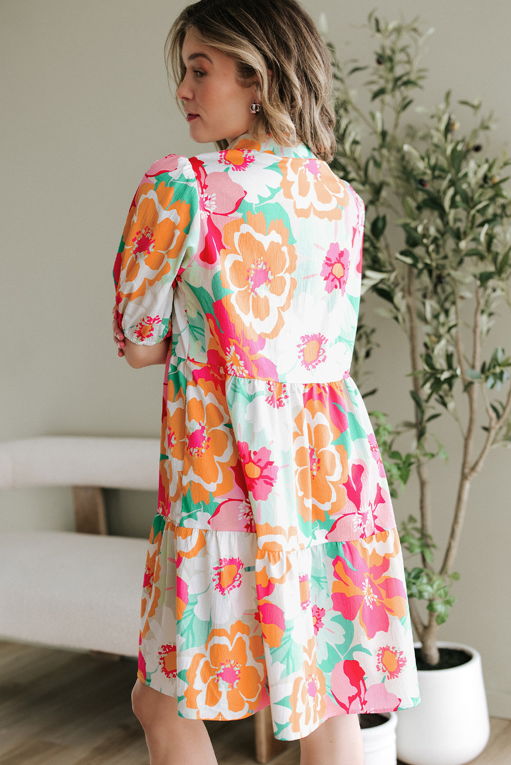 Green Floral Puff Sleeve Collar Buttoned Babydoll Dress
