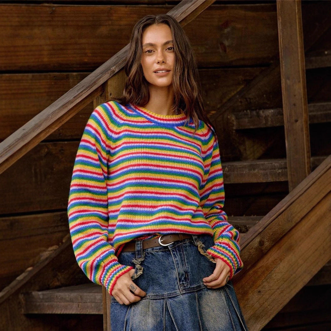 Rainbow-striped Knitted Vintage Crewneck Sweater