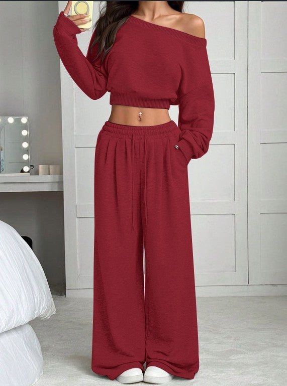 Women's Fashion Slim-fit Off-the-shoulder Navel Solid Color Casual Pants Suit