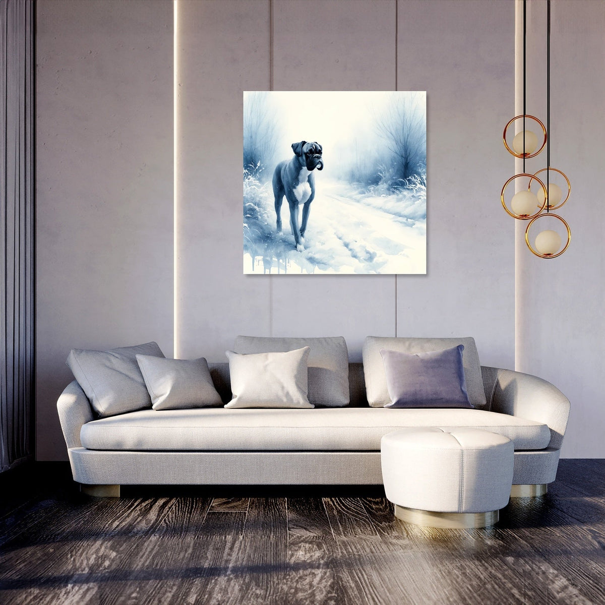 Boxer's Winter Walk Snowy Scene Canvas