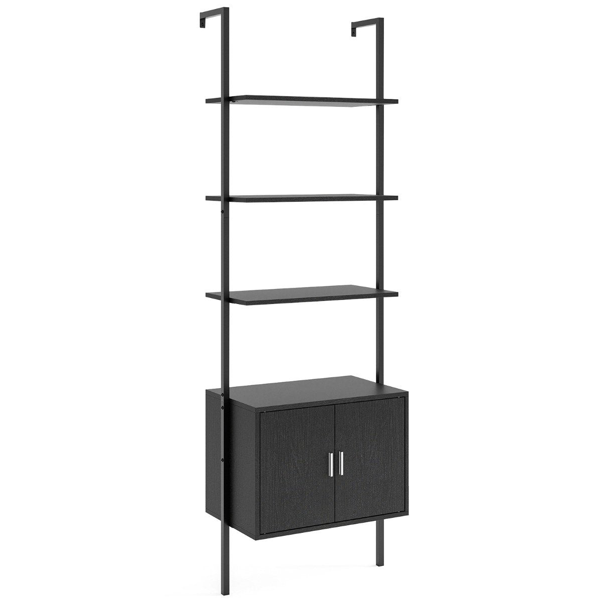 5-Tier Wall Mount Ladder Bookcase with Cabinet and Anti-Tipping Kits-Black