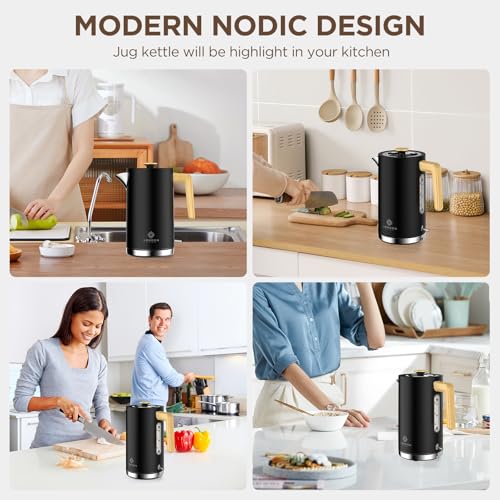 London Boutique Electric Kettle, Black Stainless Steel kettles Electric, Cordless Fast Boil Electric kettle with Wood Effect, Boil Dry Protection, Anti-Scale Filter, UK Strix Controller,3KW