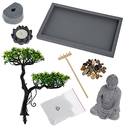 London Boutique Zen Garden Thai Buddha - Candle Holder -White Sand - Decorative Stones - Wooden Shovel - Rectangular Base