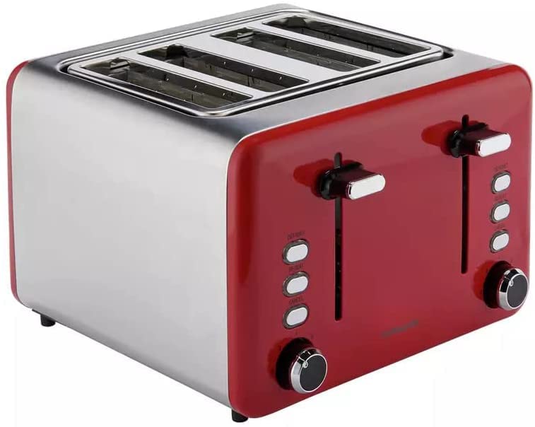 Cookworks 4 Slice Toaster Its Brushed Stainless-Steel And Red Design