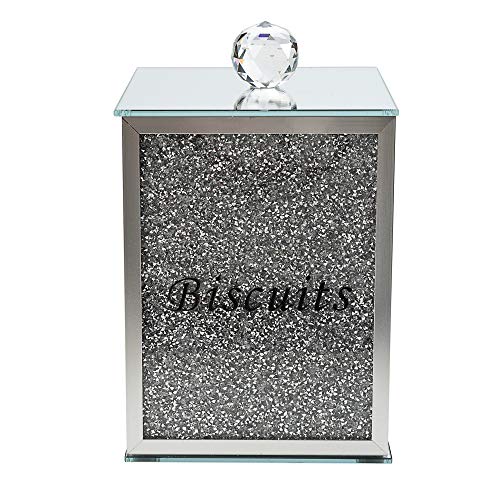 London Boutique Crystal Biscuits Tin Storage Jar Large Sparkle Crushed Diamond Filled Silver Metal Frame Square Shape 8.6 Inches Height Gift Box