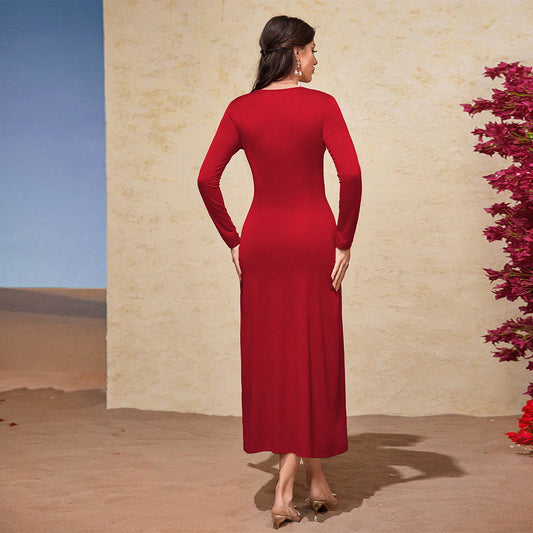 French-style Elegant Dress For Autumn And Winter VneckFigurehugging Slimming Red Midi Skirt