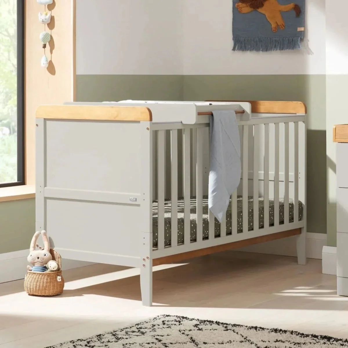 Tutti Bambini Rio Cot Bed with Cot Top Changer & Mattress - Dove Grey/Honey Oak