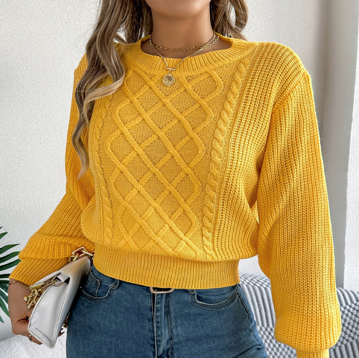 Solid Color Twist Lantern Long Sleeve Fitted Waist Sweater Women's Clothing