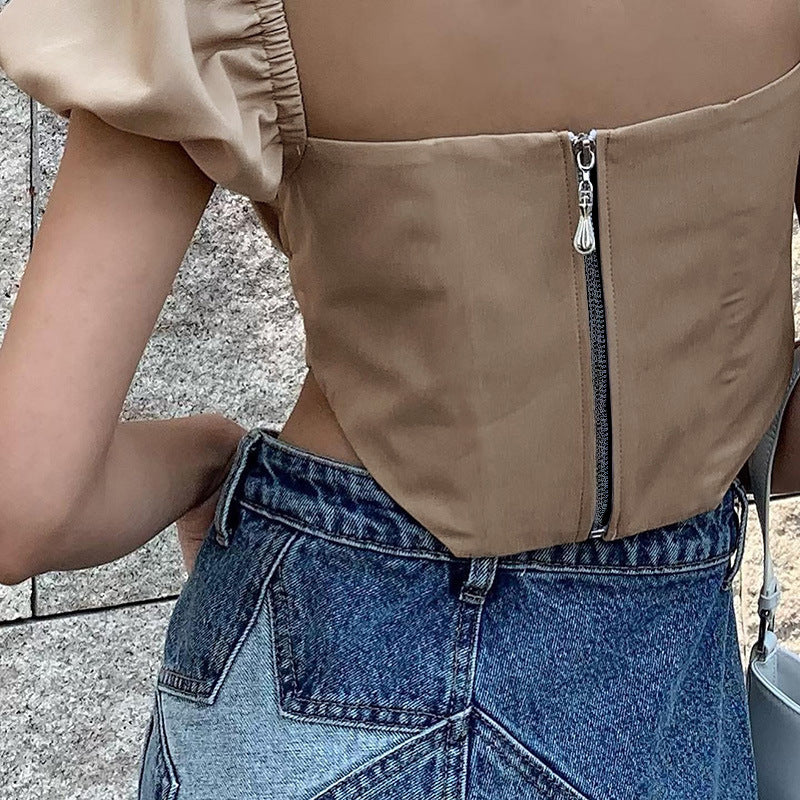 Patchwork Top Backless Zipper Pleated Short Sleeves