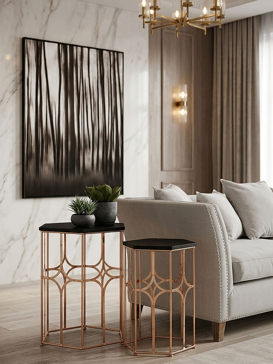Lexa Rose Gold and Matt Black Set of 2 Hexagonal Side Tables