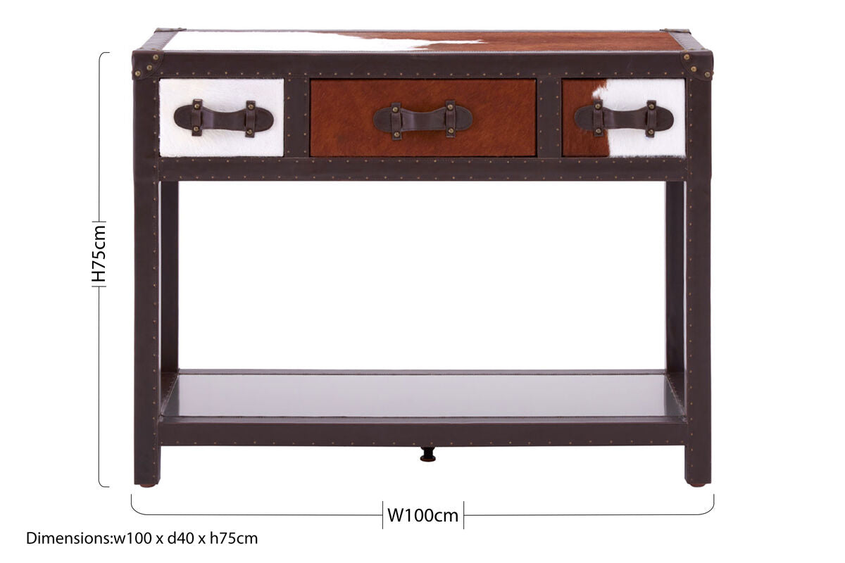 Kensington Townhouse Brown and White Hair on Leather 3 Drawer Console Table