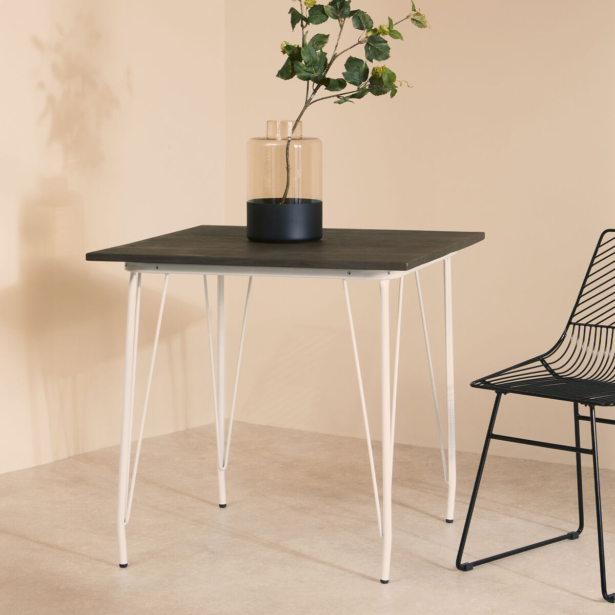 District Dark Elm Wood and White Metal Square Dining Table
