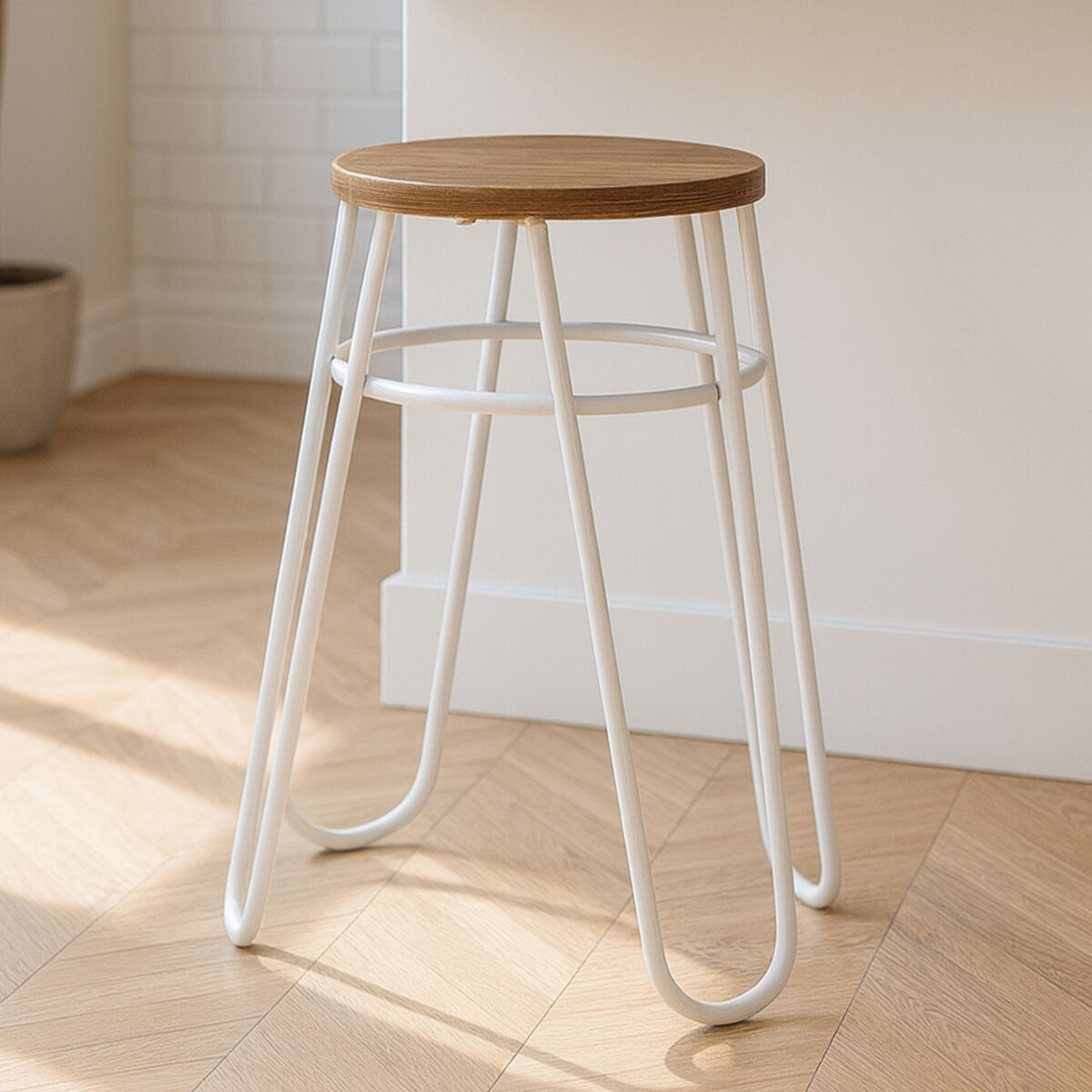 District Wooden Stool with Grey Finish Hairpin Legs