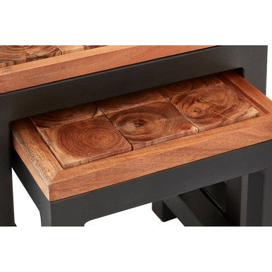 Artisan Natural Acacia Wood and Metal Set of 3 Nesting Tables