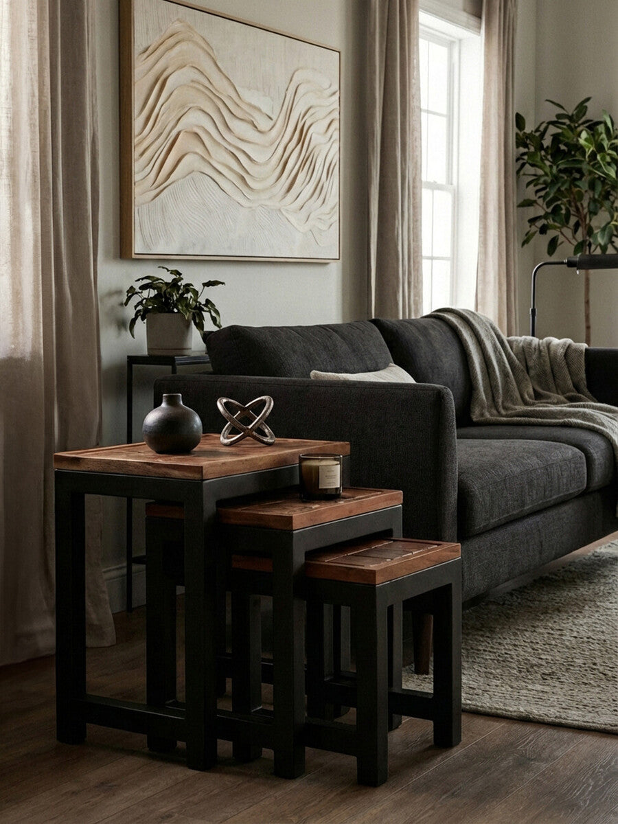 Artisan Natural Acacia Wood and Metal Set of 3 Nesting Tables
