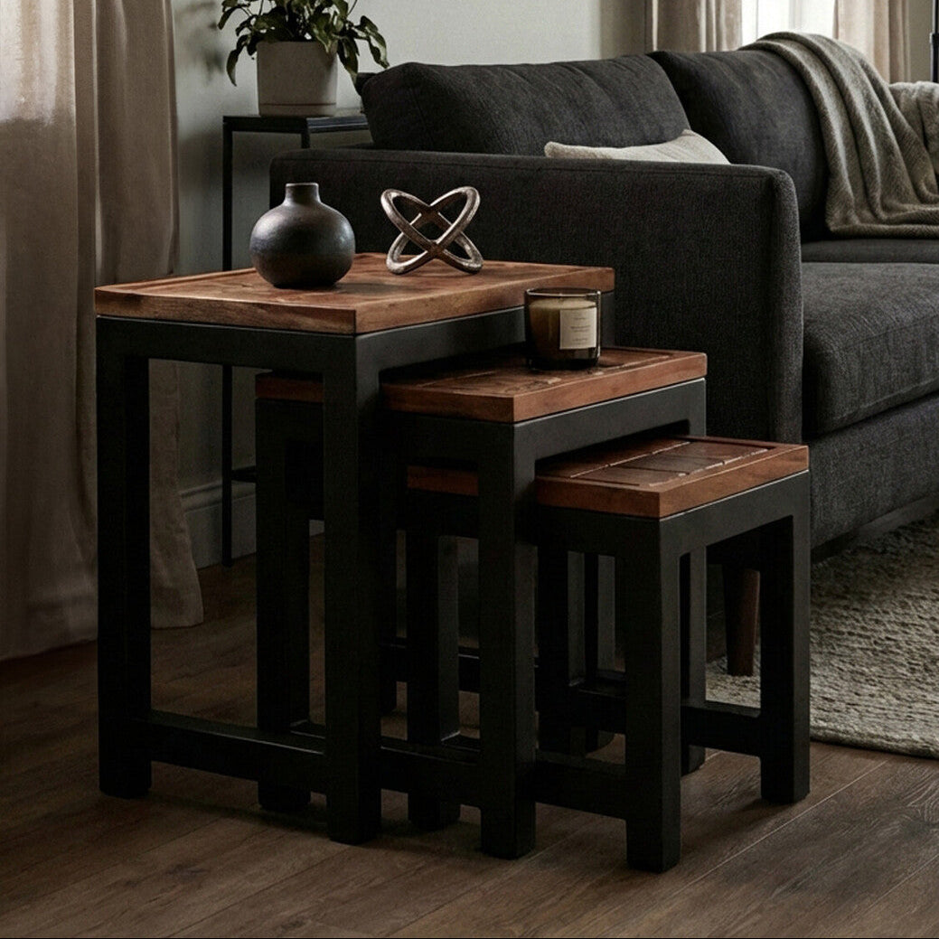 Artisan Natural Acacia Wood and Metal Set of 3 Nesting Tables