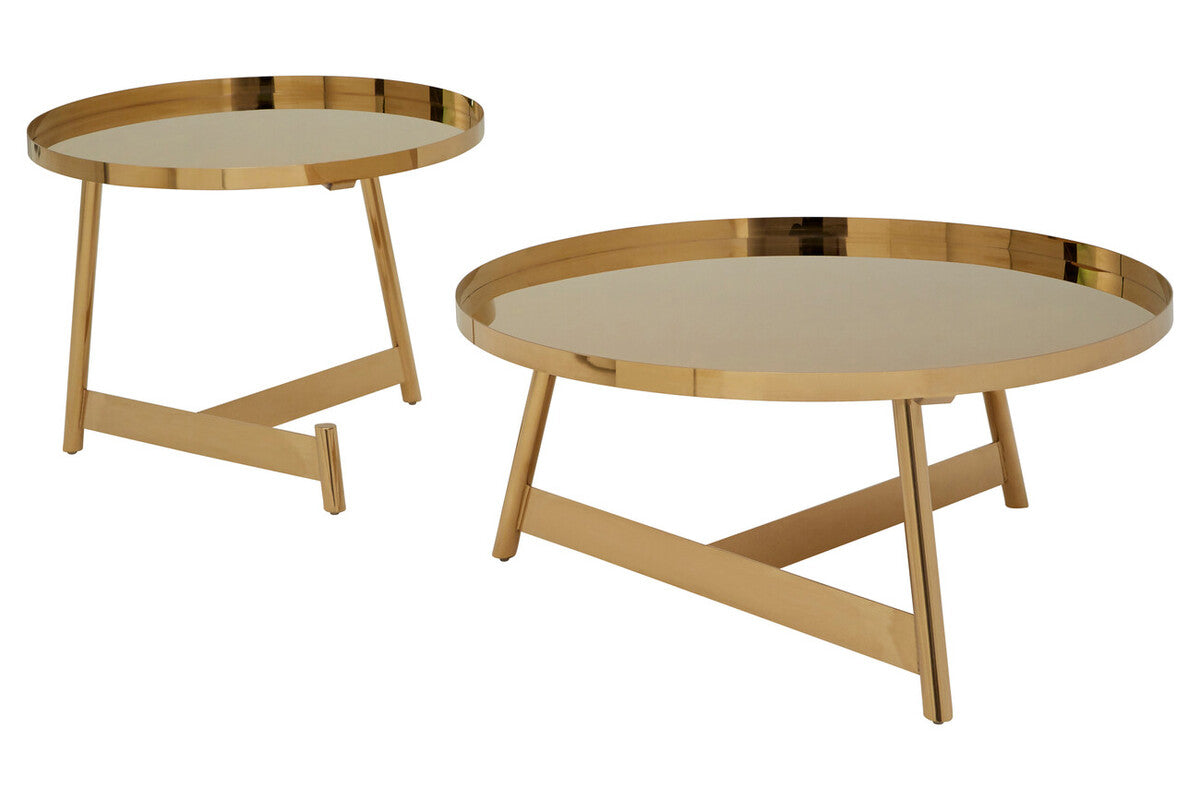 Alvaro Rose Gold Finish Set of 2 Round Coffee Tables