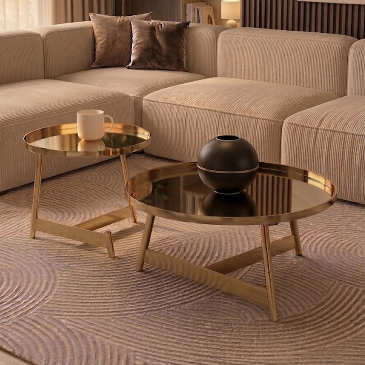 Alvaro Rose Gold Finish Set of 2 Round Coffee Tables