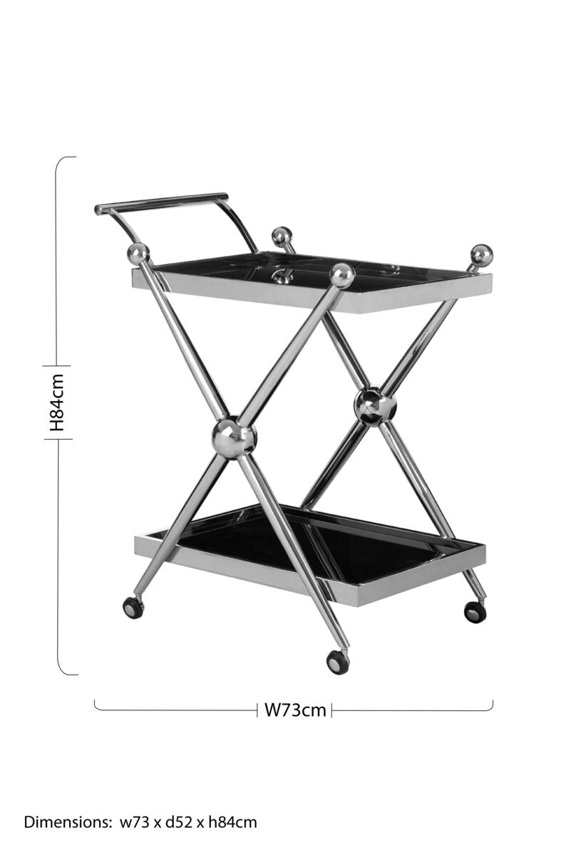 Novo Black Glass and Silver Finish 2 Tier Trolley with Cross Frame