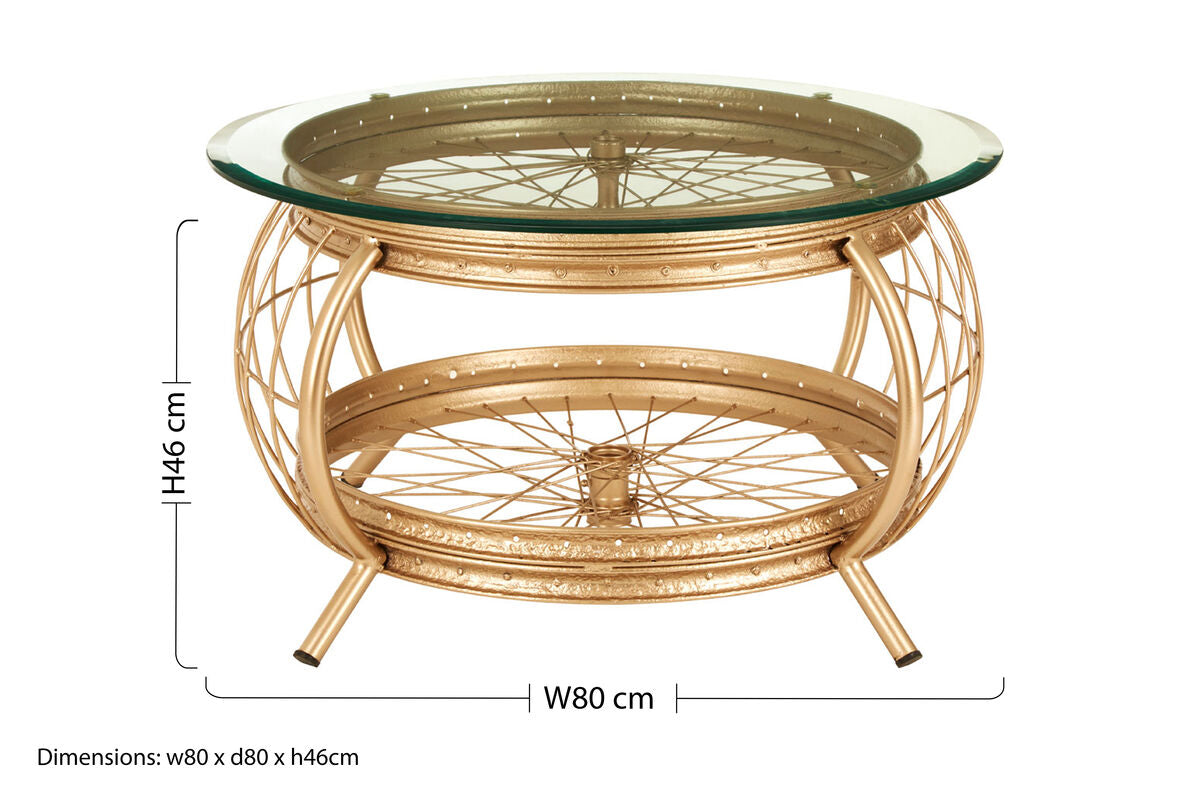 Mantis Champagne Finish Glass Wheel Design Coffee Table