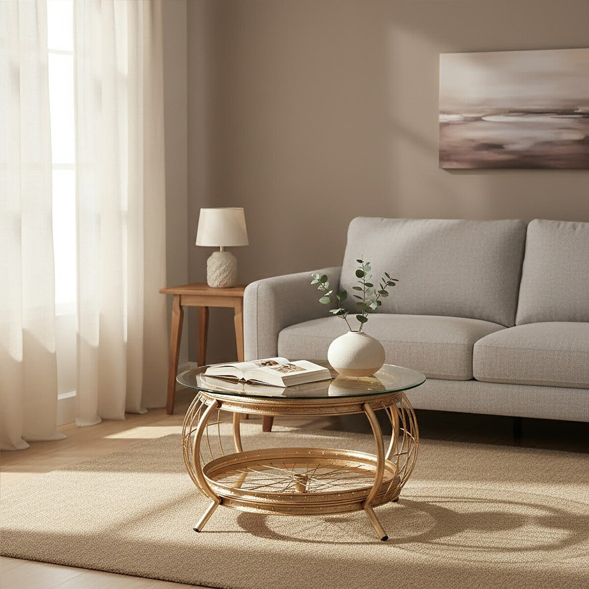 Mantis Champagne Finish Glass Wheel Design Coffee Table