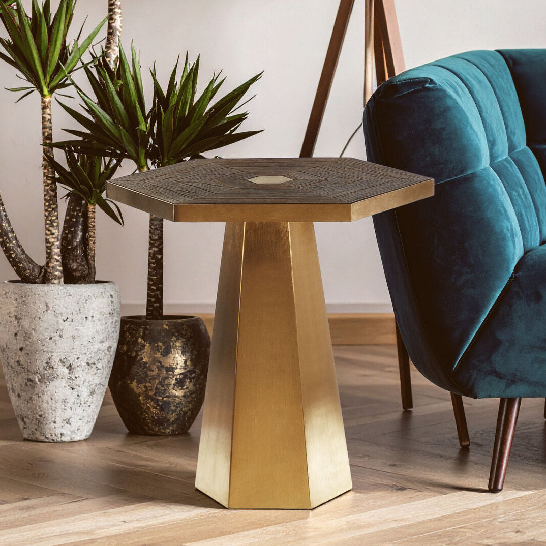 Titan Recycled Elm Wood and Brushed Gold Finish Large Side Table