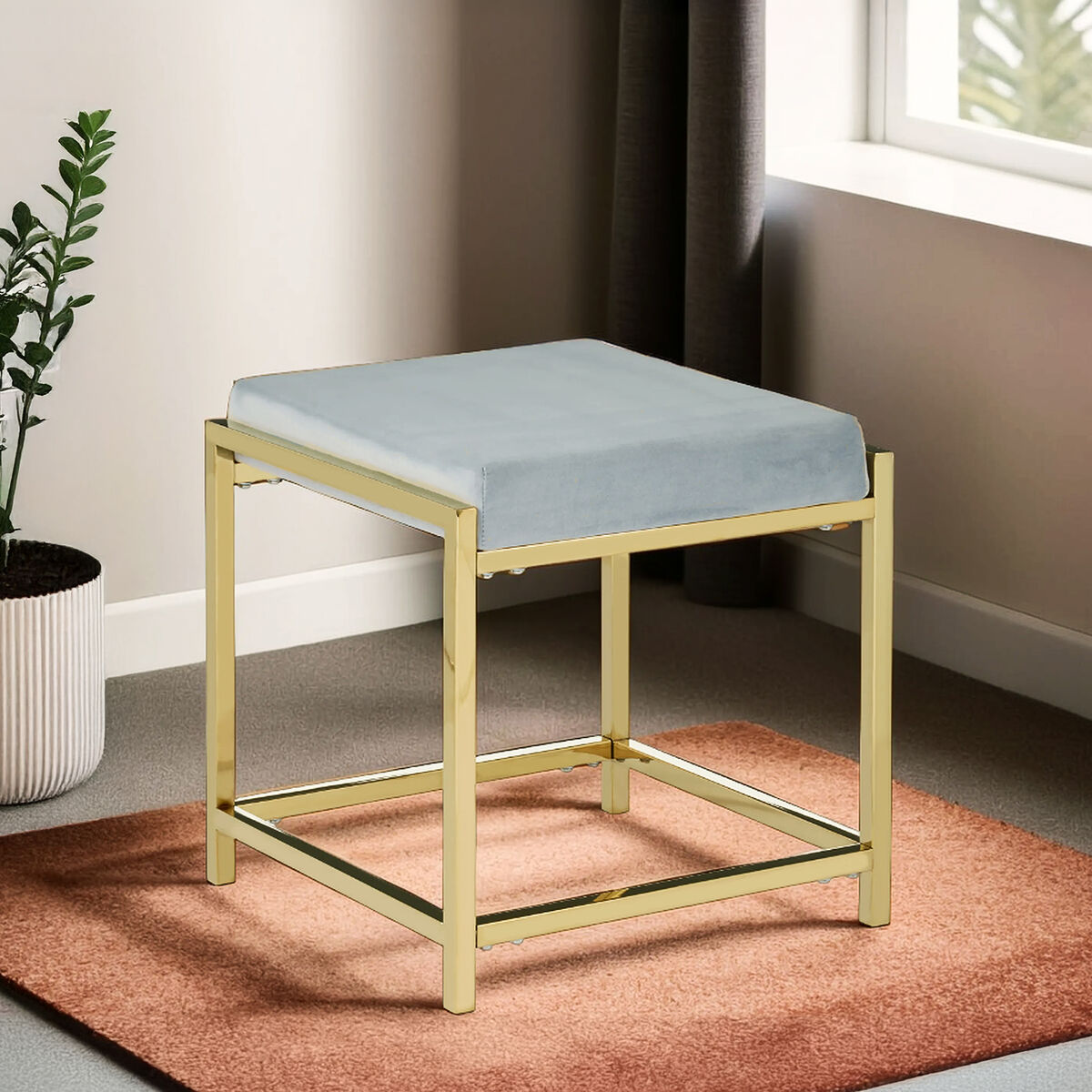 Allure Powder Blue Velvet Square Stool with Gold Finish Base