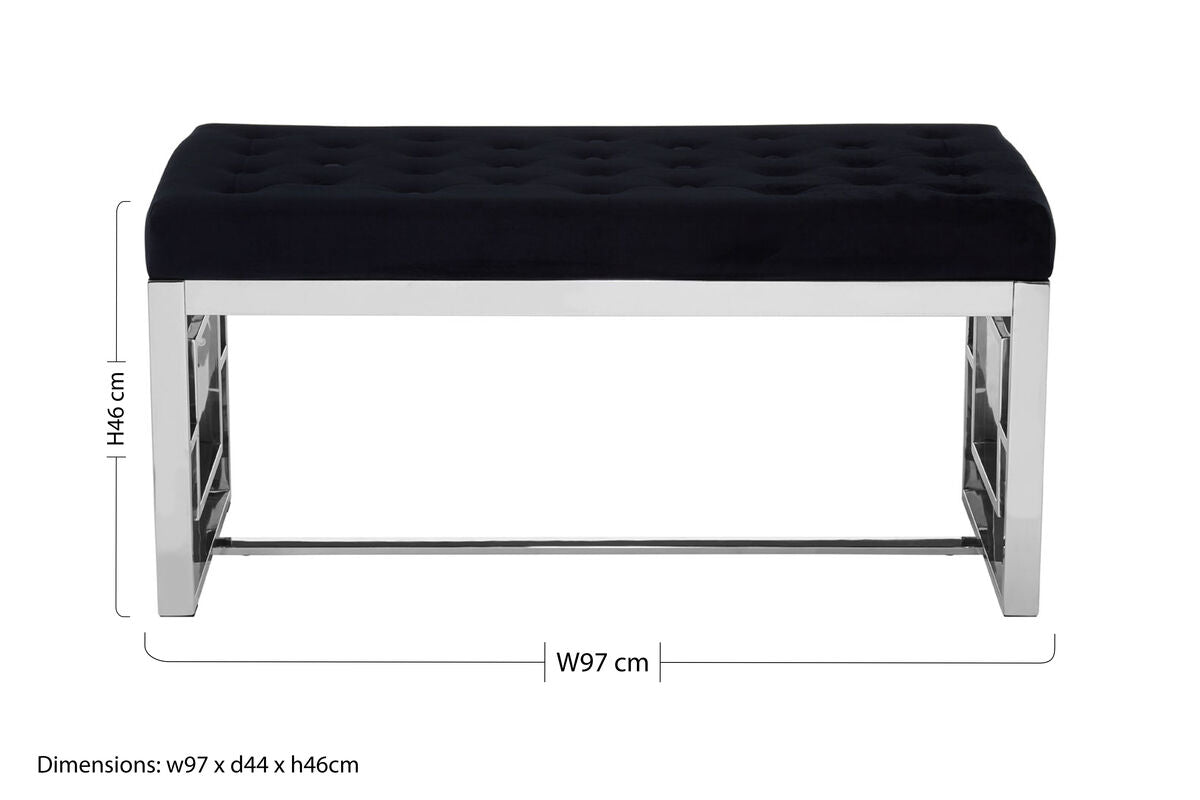 Allure Black Velvet Bench with Silver Finish Base