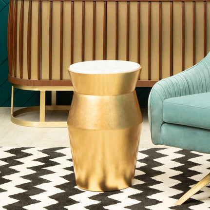 Lino White Marble and Gold Finish Tall Drum Side Table