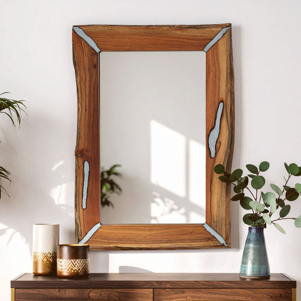 Almora Natural Acacia Wood Wall Mirror with Silver Aluminium Inlay