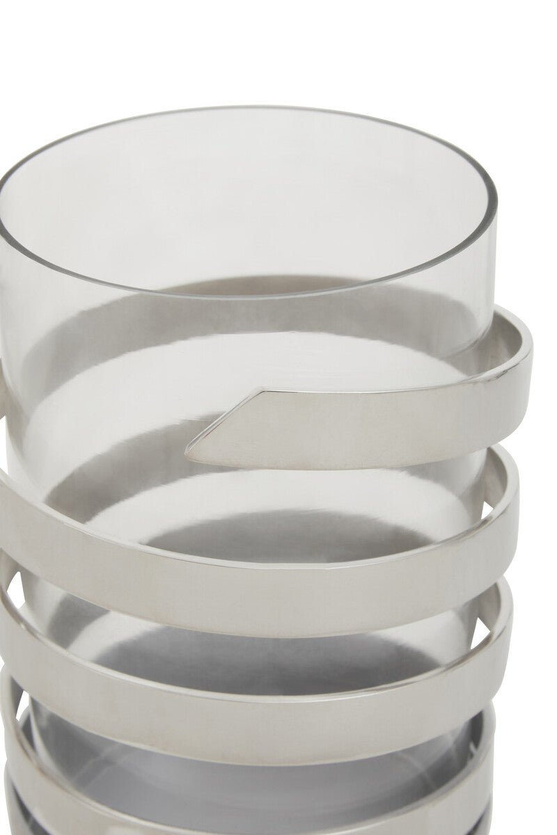 Amreli Silver Metal and Glass Small Hurricane Candle Holder with Spiral Design