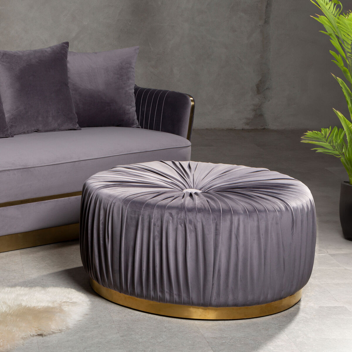 Shea Grey Velvet Pleated Large Round Footstool