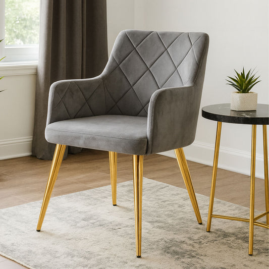 Tamzin Mink Velvet Quilted Dining Chair with Gold Finish Legs
