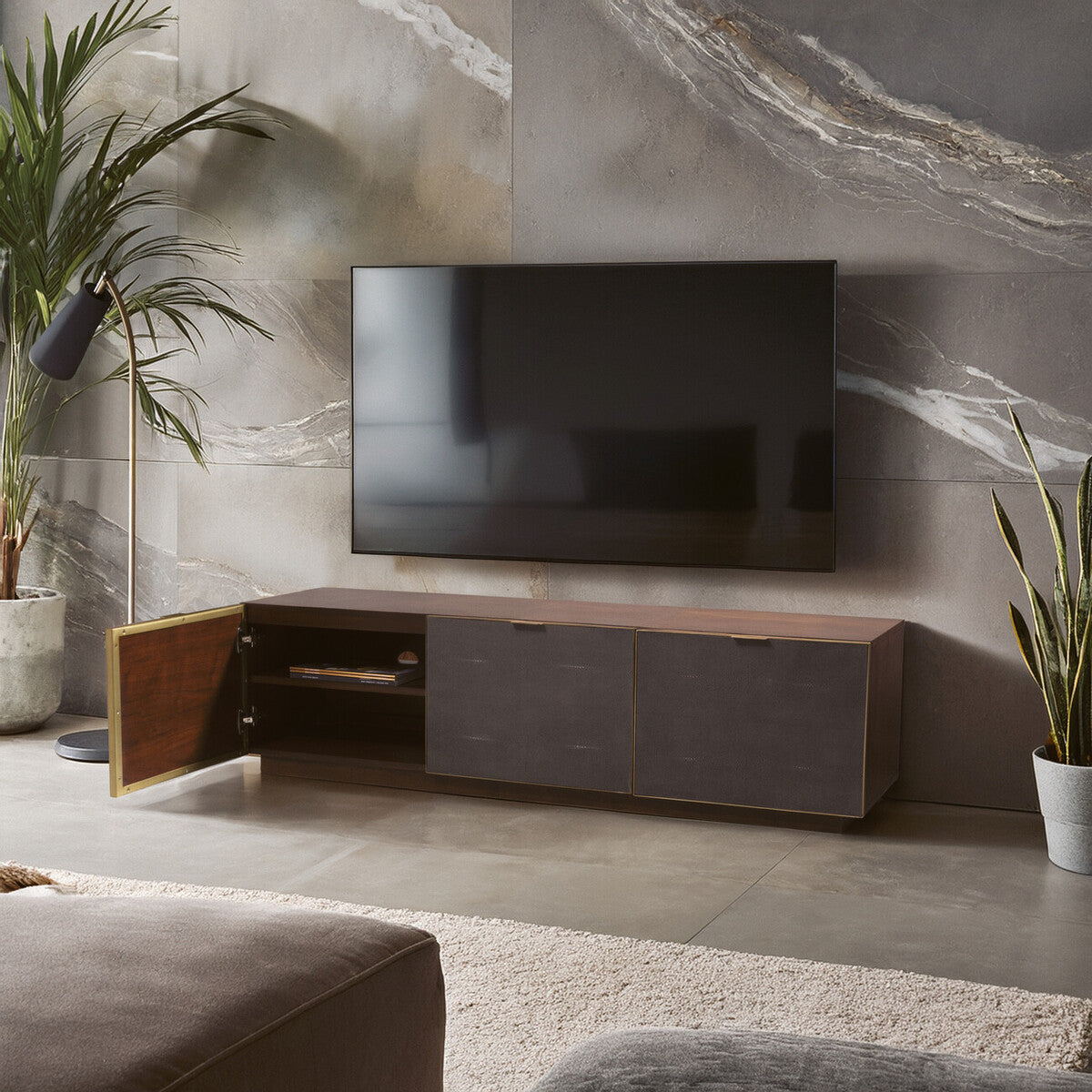 Kempton Grey Shagreen Effect and Walnut Veneer Media Unit