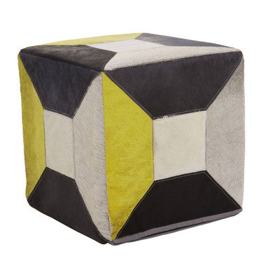 Bosie Safira Multi Coloured Hair on Leather Geometric Patchwork Pouffe