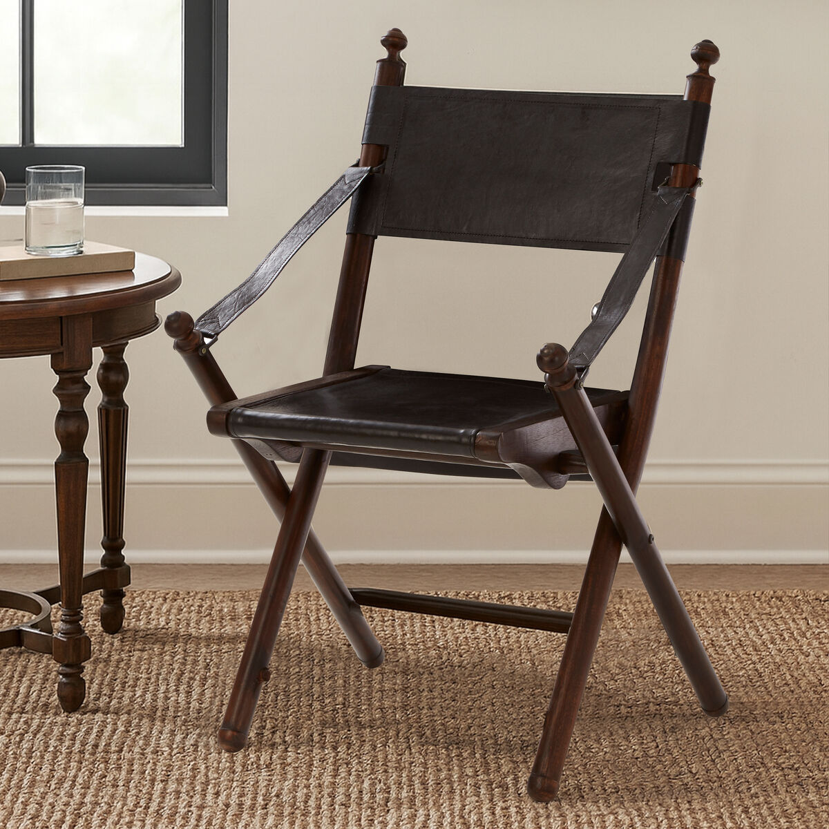 Inca Black Leather and Teak Wood Folding Chair