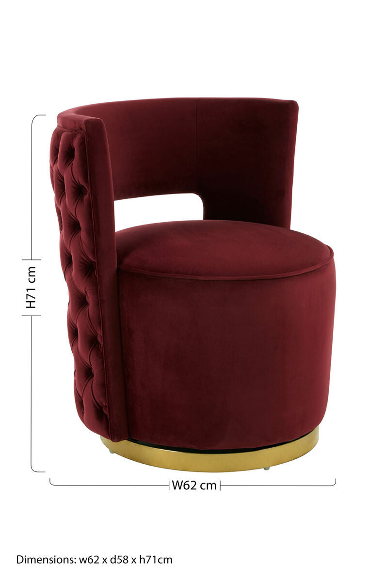 Bola Red Wine Velvet Swivel Chair with Gold Finish Base