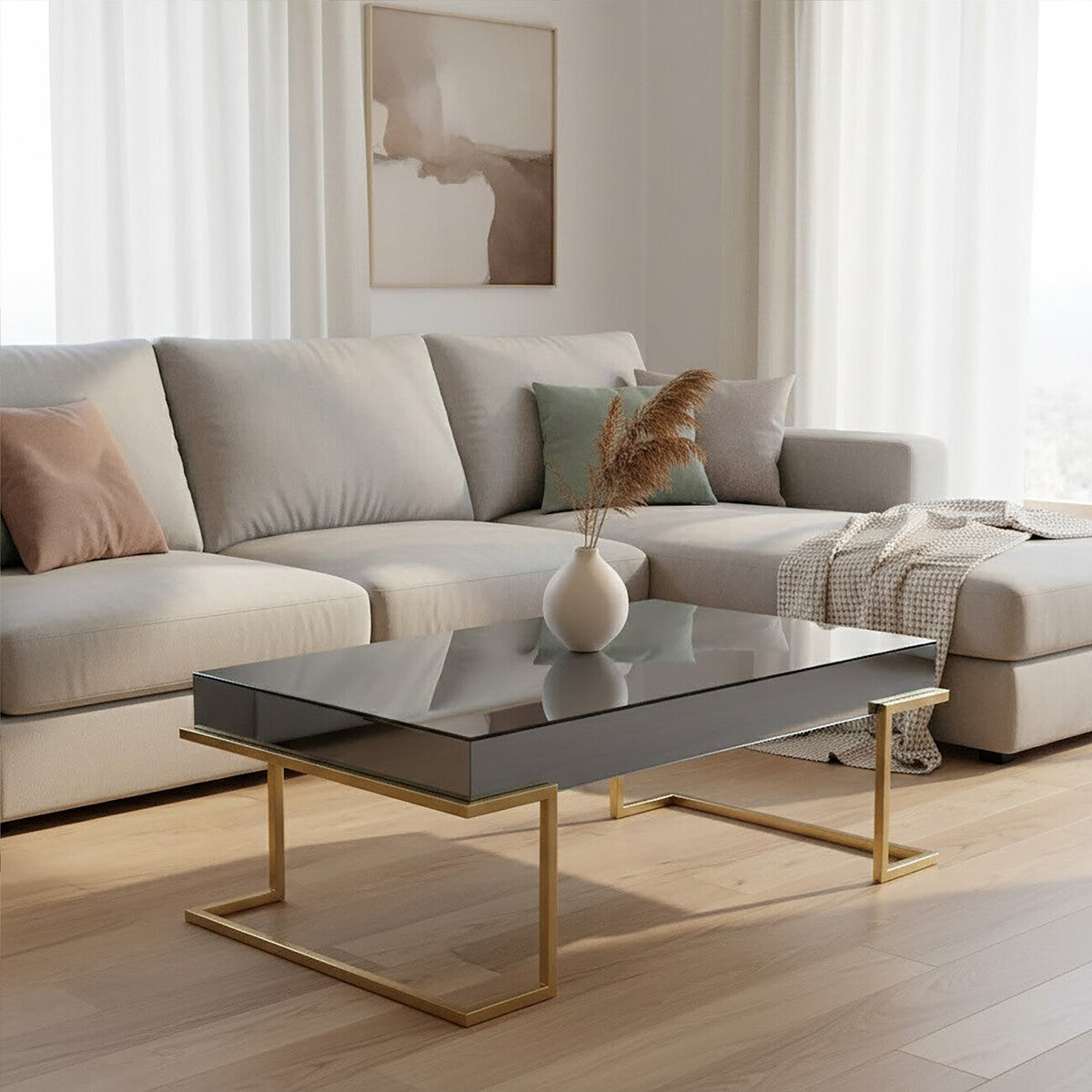 Kaso Grey Mirrored and Gold Finish Coffee Table
