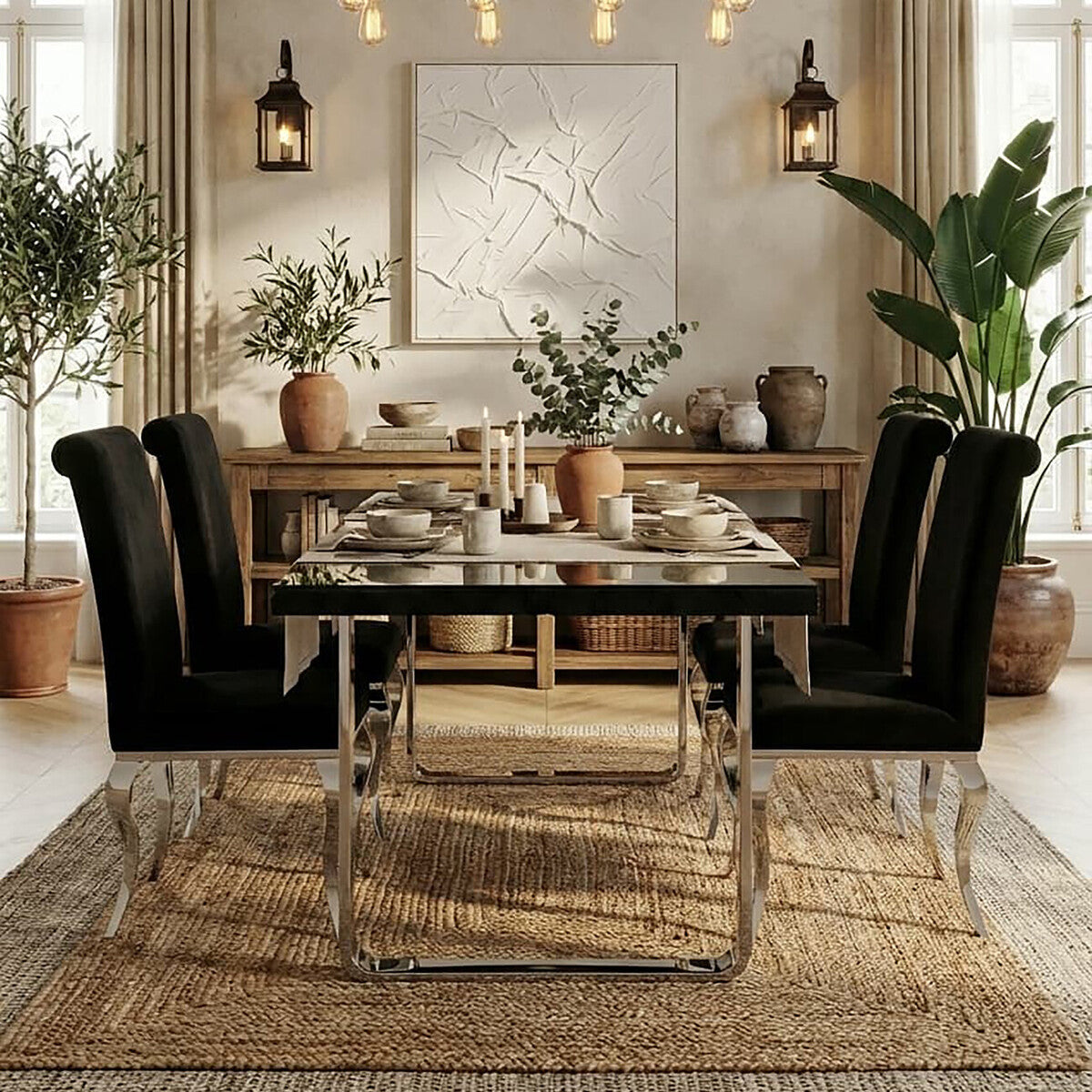 Kerala Black Recycled Wood Rectangular Dining Table with Curved Legs