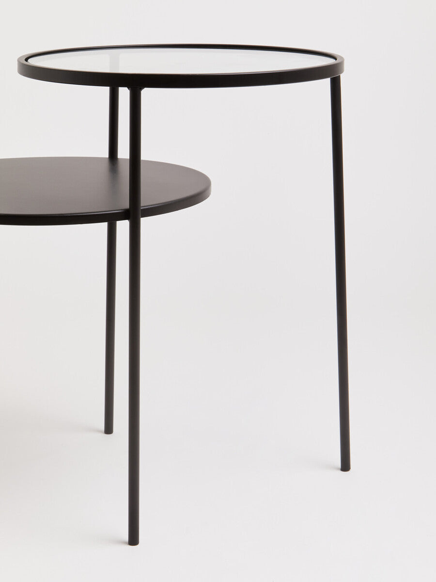 Trento Clear Glass and Black Finish 2 Tier Side Table