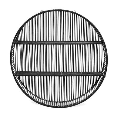 Batu Black Rattan and Metal Large Round Wall Shelf