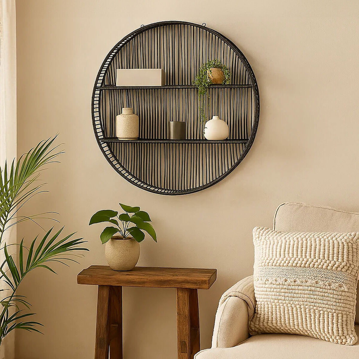 Batu Black Rattan and Metal Large Round Wall Shelf