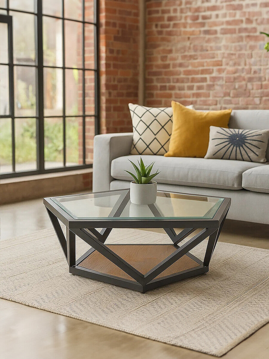Cibo Clear Glass Hexagonal Coffee Table with Black Finish Frame
