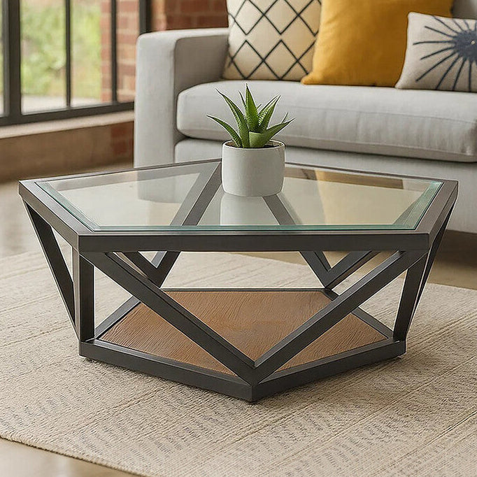 Cibo Clear Glass Hexagonal Coffee Table with Black Finish Frame