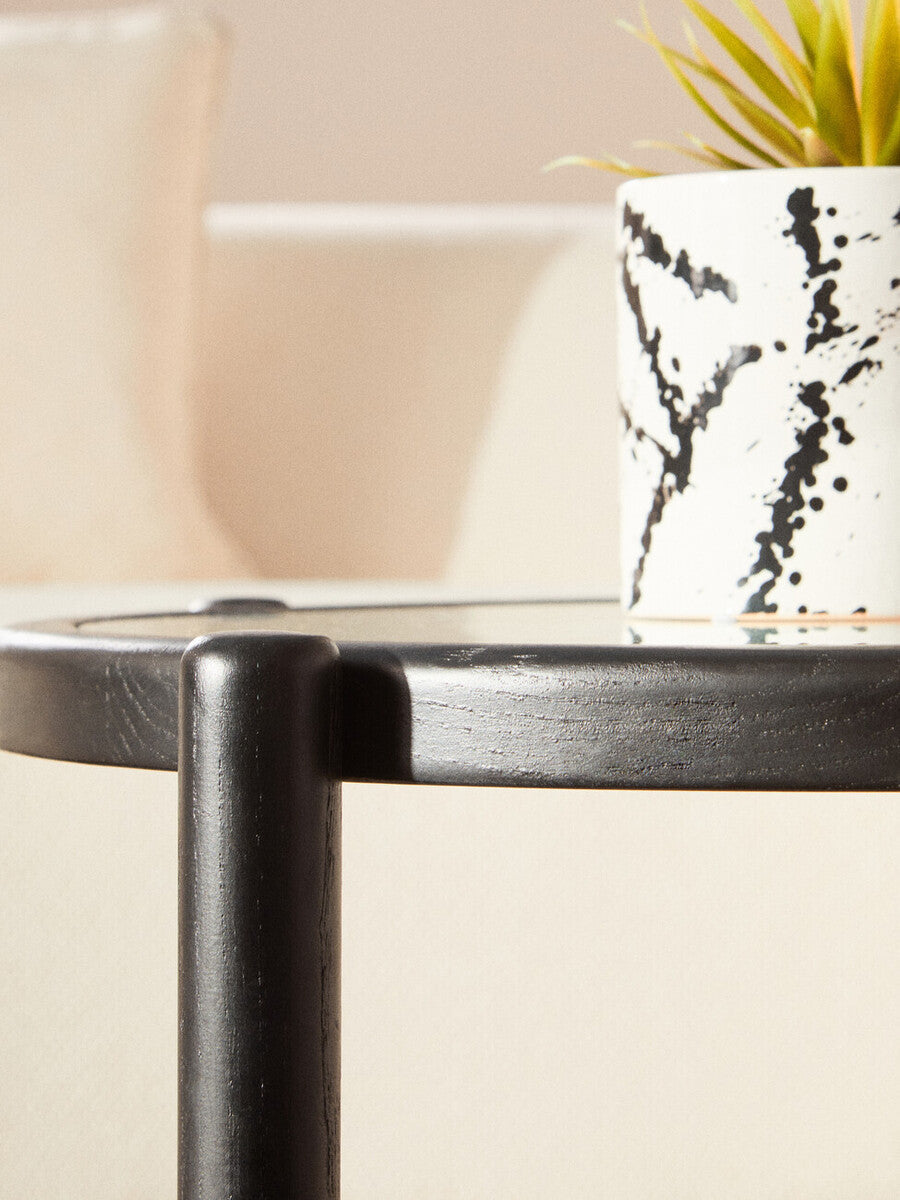 Cebu Black Wood and Natural Rattan Round Coffee Table