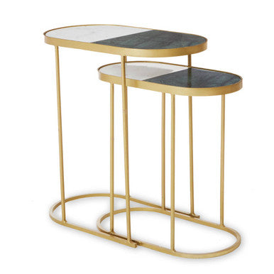 Suar Marble and Antique Brass Finish Set of 2 Nesting Side Tables