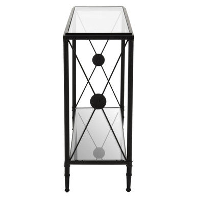 Axis Clear Glass 2 Tier Console Table with Black Metal Frame